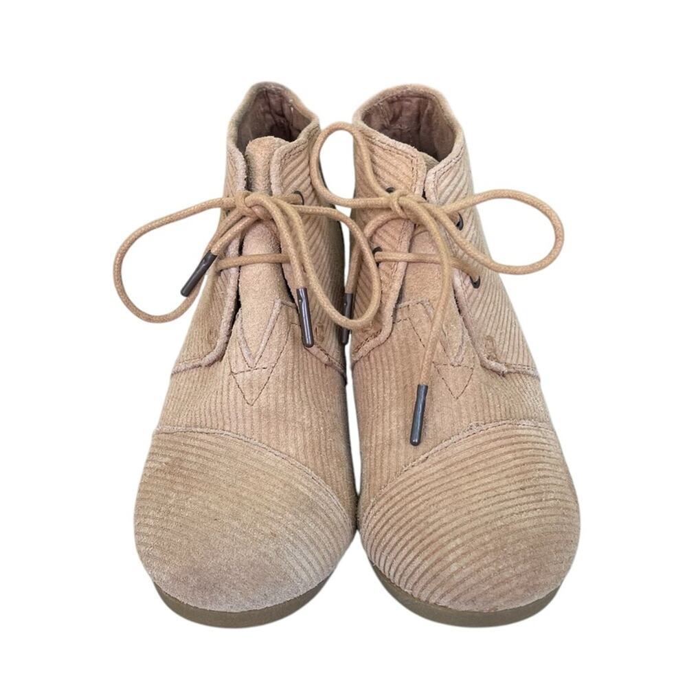 Toms Corduroy Lace Up Wedge Heel Ankle Boots Tan Size 7.5 Medium